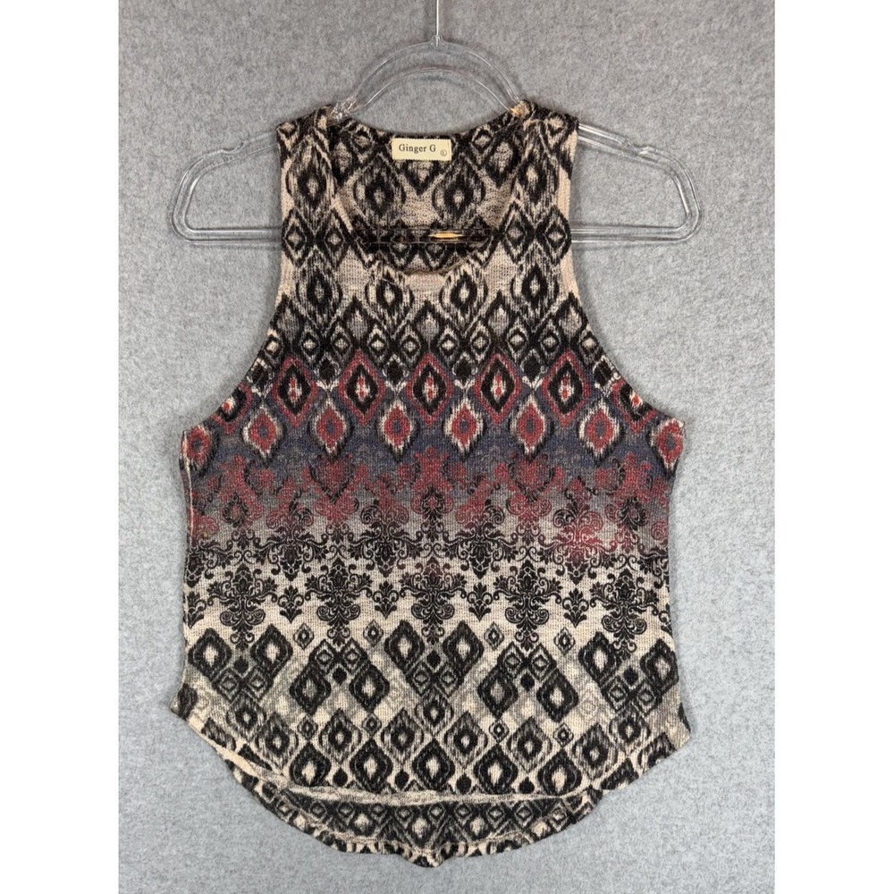 Ginger G Tank Top Womens Large Black Red Beige Aztec Print Knit Sleeveless Boho